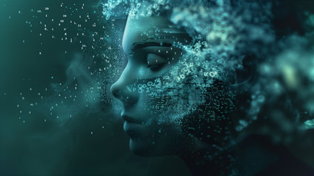 A face forms from DNA and data, symbolizing biotechs evolution in spaceの素材