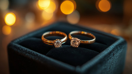 Beautifully Crafted Wedding Rings Displayed in a Velvet Box With Soft Lighting to Create a Romantic Atmosphere for Engagement or Wedding Ceremonies Generative AIの素材