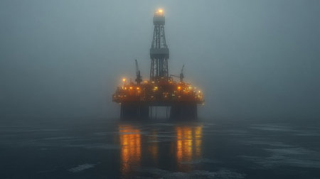 Offshore Oil Drilling Rig Illuminated in Thick Fog During Early Morning Hours on the Open Sea Generative AIの素材