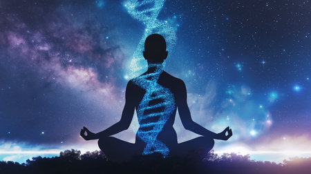 A figure meditates with a glowing DNA strand against a cosmic backdrop, symbolizing evolutionの素材