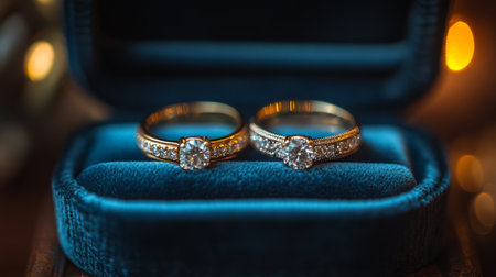 Elegant Gold Wedding Rings With Diamonds Displayed in a Luxurious Blue Velvet Box During Evening Light Generative AIの素材