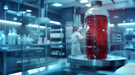 A synthetic blood prototype stands out in a modern lab filled with bioengineering gearの素材