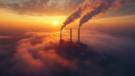 Sunrise Over Industrial Powerplant With Emission Towers Generating Energy Through Extraction and Metallurgy Generative AIの素材