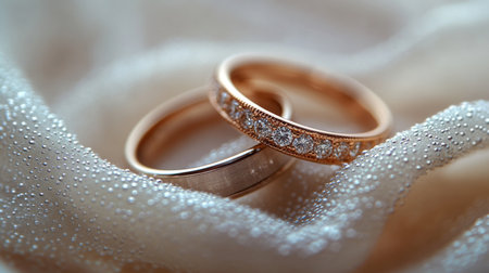 Two Elegant Wedding Rings Resting on a Delicate Fabric, Showcasing Intricate Designs and Glistening Stones for a Timeless Romantic Appeal Generative AIの素材