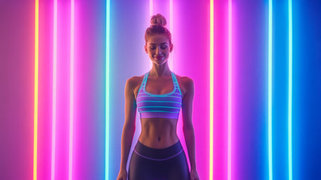 Woman in sporty outfit posing against pastel neon backdrop during workout session Generative AIの素材