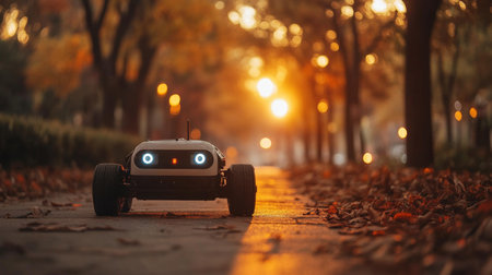 Innovative Autonomous Delivery Robot Navigating Through a Park During Sunset Amidst Fallen Leaves and Serene Autumn Ambiance Generative AIの素材