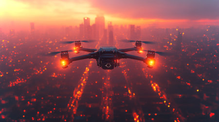 Investigating the Potential of Drone Technology for Urban Delivery Services Against the Backdrop of a Vibrant Sunset Skyline While Utilizing Generative AIの素材