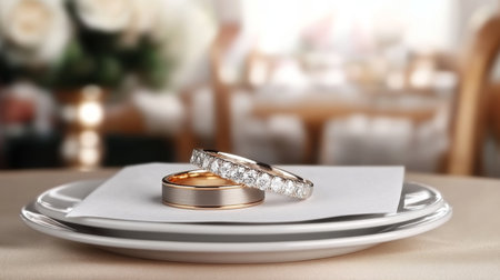 Elegant Wedding Rings Placed on a White Napkin Set Against a Blurred Restaurant Background During an Intimate Celebration Generative AIの素材