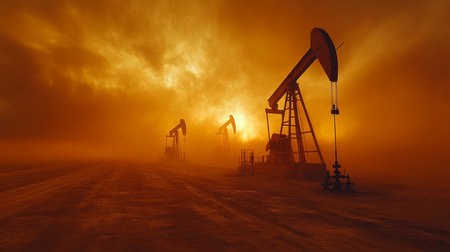 Production of Petroleum Through Drilling Rigs at Sunset in an Offshore Mining Area With Dramatic Atmospheric Effects Generative AIの素材