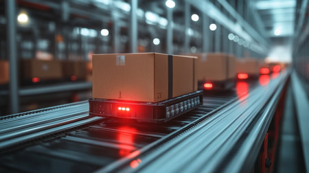 Automation Transforms Logistics Operations in a Modern Fulfillment Center With Efficient Package Movement Using Advanced Technology Generative AIの素材