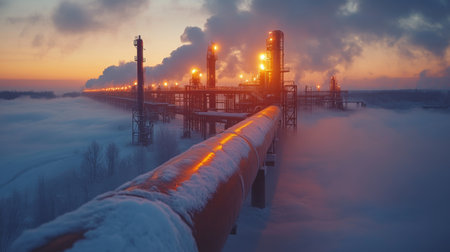 Infrastructure of Energy Generation and Extraction Illuminated by Sunset in Winter Landscape With Snow Covered Pipeline Generative AIの素材