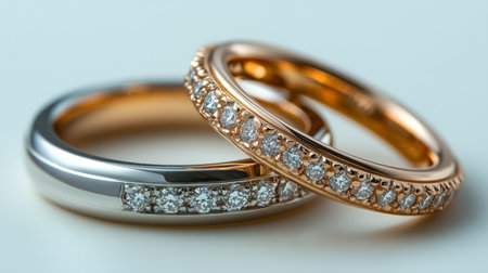 Elegant Wedding Rings With Sparkling Diamonds Set Against a Soft Background Highlighting Their Beauty and Craftsmanship in the Morning Light Generative AIの素材