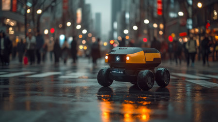Autonomous Delivery Robot Navigating Urban Streets in a Busy City During the Evening Hours Generative AIの素材