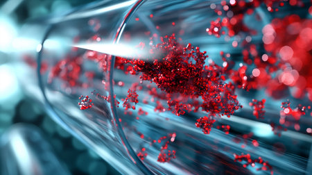 Advanced nanotech in medicine: artificial blood components flow in a clear tubeの素材