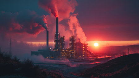 Industrial Facility Processes Minerals and Performs Extraction Activities Under a Colorful Sunset Sky Generative AIの素材