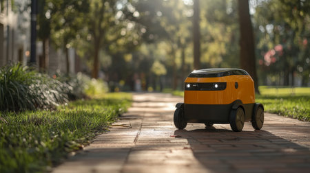 Robotic Delivery Unit Operates on a Peaceful Pathway in an Urban Environment Showcasing the Future of Autonomous Mobility Solutions Generative AIの素材