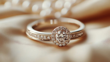 Stunning Diamond Engagement Ring Setting on Soft Satin Fabric With Delicate Pearl Accents, Showcasing Elegance and Luxury for Special Moments Generative AIの素材