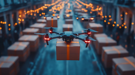 Innovative Delivery Methods in Action as Drones Autonomously Transport Packages Through a Festive Urban Environment at Night Generative AIの素材
