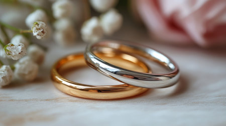 Beautifully Crafted Wedding Rings in Gold and Silver Placed on a Soft Surface With Delicate Flowers in the Background Generative AIの素材