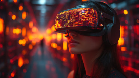 Innovative Woman Utilizing Virtual Reality Technology in a Dynamic Logistics Center Environment Focused on Automation and Mobility Solutions Generative AIの素材