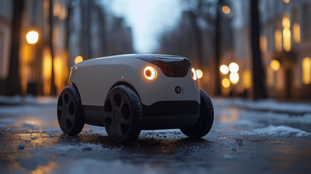 Autonomous Delivery Robot Navigating Urban Streets During Evening Hours in a Snowy Environment Generative AIの素材