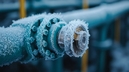 Frost covered Pipeline Component During Winter at an Offshore Extraction Site Illustrating Petroleum Industry Challenges Generative AIの素材