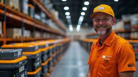 Expert in Logistics and Transportation Inside a Modern Warehouse Focused on Automation and Efficiency Generative AIの素材
