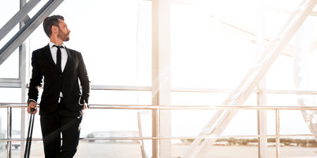 Successful businessman standing next to window at airport