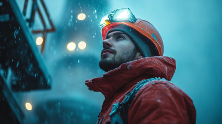 Miner Looking up at Powerplant Infrastructure Under Winter Snowfall While Wearing Safety Gear and a Helmet With a Light Generative AIの素材
