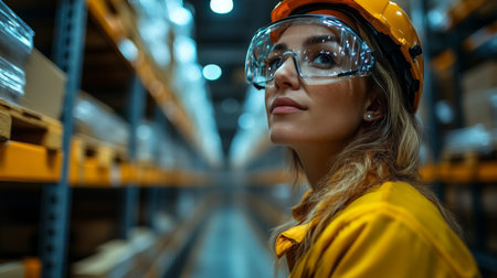 Woman Wearing Safety Goggles and Helmet in a Modern Warehouse Focusing on Logistics and Automation Technology Generative AIの素材
