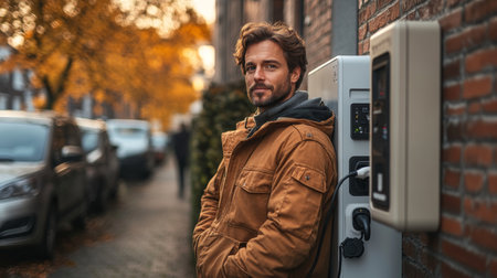 Man Using Electric Vehicle Charging Station in a Vibrant Autumn Urban Setting Showcasing Sustainable Transportation Options and Mobility Solutions Generative AIの素材