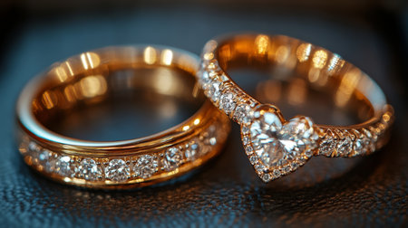 Elegant Wedding Rings Displayed on a Dark Velvet Background With Sparkling Diamonds Catching the Light in a Romantic Setting Generative AIの素材