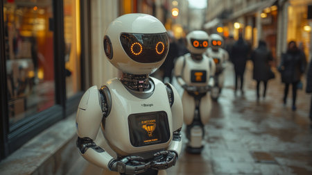 Autonomous Delivery Robots Navigating a Busy Urban Street, Enhancing Logistics and Last Mile Transportation Solutions During the Day Generative AIの素材