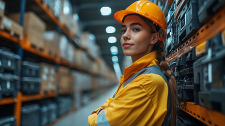 Logistics Professional in a Warehouse Setting Showcasing Automation and Mobility Solutions During a Busy Distribution Process Generative AIの素材