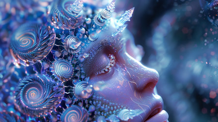 A futuristic portrayal of a human face merged with elements of biotechnology and cosmic designsの素材