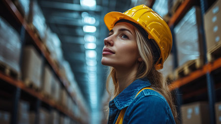 Warehouse Worker Evaluates Logistics Strategy in a Modern Fulfillment Center During Daylight Hours Generative AIの素材