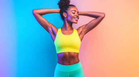 Sporty woman showcases vibrant style against a pastel background Generative AIの素材