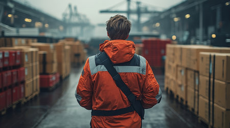 Worker in Orange Jacket Navigates Busy Logistics Center Filled With Shipping Containers and Pallets During Overcast Day Generative AIの素材