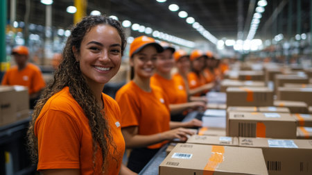 Dedicated Workers Efficiently Packing and Sorting Packages at a Bustling Logistics Fulfillment Center During Peak Hours Generative AIの素材