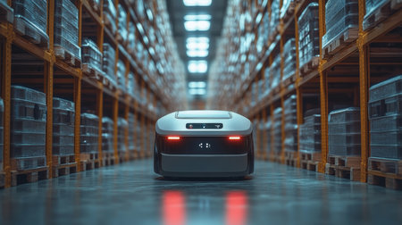 Innovative Robot Navigating Through a Modern Warehouse Designed for Efficient Logistics and Transportation Operations in a Bustling Supply Hub Generative AIの素材