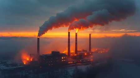 Energy Production at Dusk From a Powerplant With Smoke Billowing From Tall Chimneys Illuminated by the Setting Sun Generative AIの素材