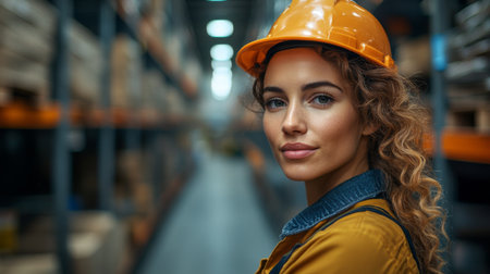 Young Woman in a Logistics Warehouse Wearing a Hard Hat, Showcasing Her Role in Modern Transportation and Automation Generative AIの素材