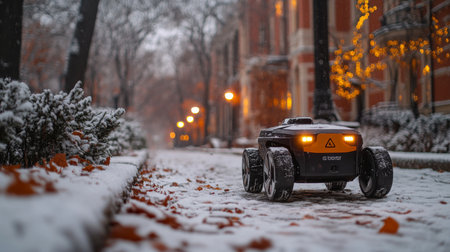 Winter Automated Delivery Robot Navigating Snowy Urban Street in a Residential Neighborhood at Dusk Generative AIの素材