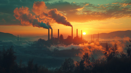 Dusk Sets Over an Industrial Powerplant With Smoke Billowing From Its Chimneys Amid the Serene Landscape of Mining and Extraction Facilities in the Background Generative AIの素材