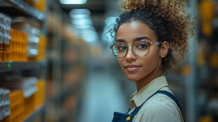 Professional Focused on Mining and Construction Materials in a Warehouse Environment, Showcasing Expertise and Dedication in Her Field Generative AIの素材