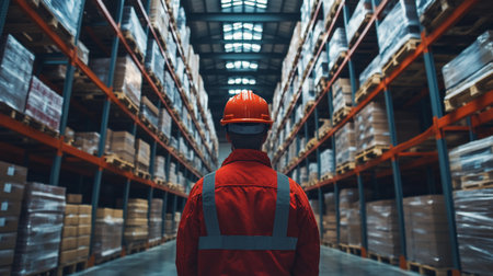 Worker Evaluates Inventory Within a Modern Logistics Warehouse Focused on Efficient Supply Chain Management Generative AIの素材