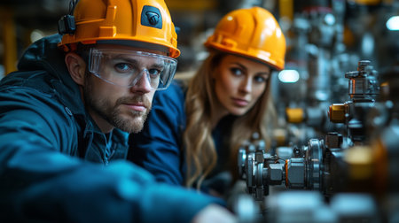 Workers Examine Equipment in a Powerplant as Part of Energy Generation and Infrastructure Maintenance Focused on Mining Operations Generative AIの素材