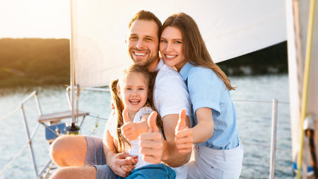 Family Gesturing Thumbs-Up Relaxing On Yacht Posing Sitting On Deckの写真素材