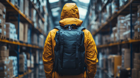 Warehouse Worker in Yellow Jacket Navigates Busy Logistics Center Filled With Stacked Boxes and Shelves Generative AIの素材