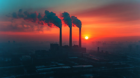 Power Generation at Sunset With Smoke Stacks Silhouetted Against a Vibrant Sky Showcasing Energy Production and Industrial Activity Generative AIの素材